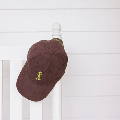 Brown cap with a green dragon logo